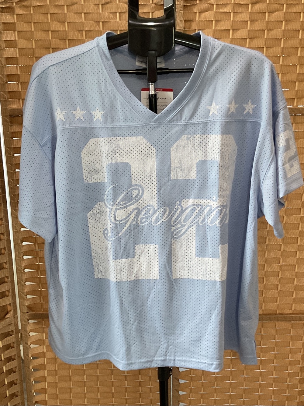 State of Mine Light Blue Georgia Mesh Jersey Top with White Print - Picture 1 of 5